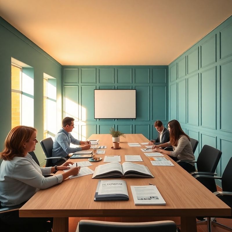 Equipo revisando una estrategia de contenido en una sala con paneles teal