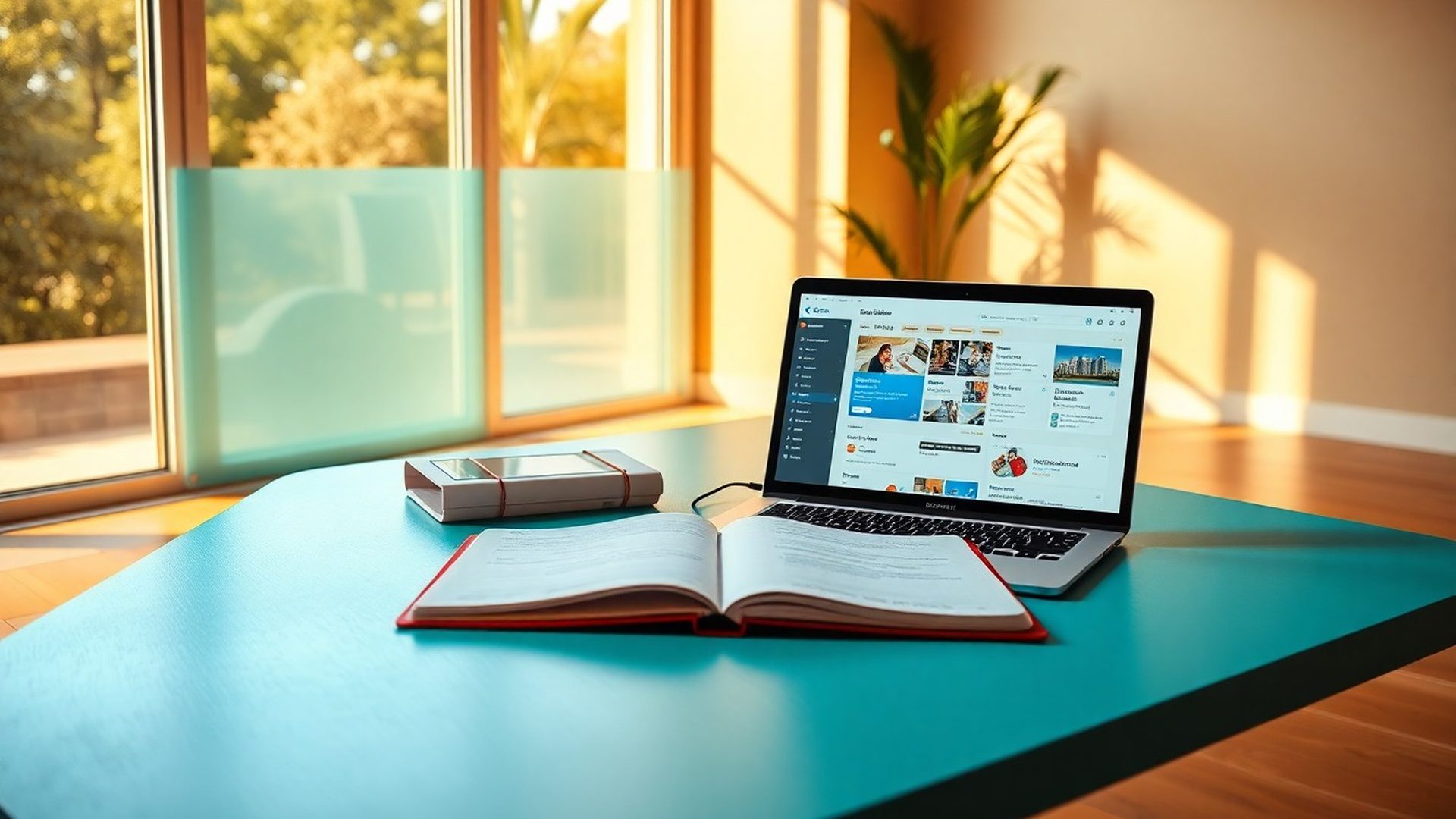 Escritorio editorial con panel de flujo de contenido y luz mediterránea